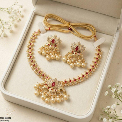 PNSH00082 SDQ Tear/Flower Pearl Drop Necklace Set