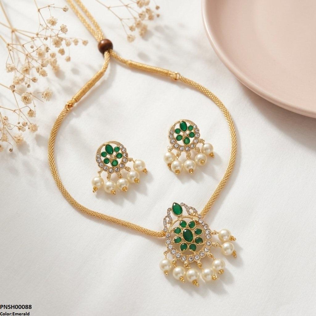 PNSH00088 SDQ Round Pearl Drop Necklace Set - PNSH