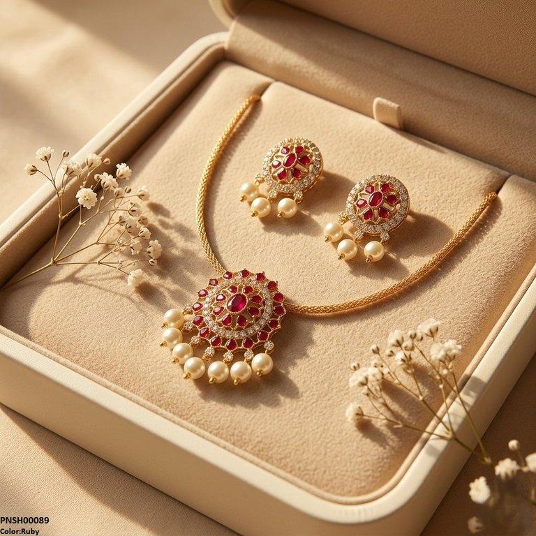 PNSH00089 SDQ Oval Round Pearl Drop Necklace Set - PNSH