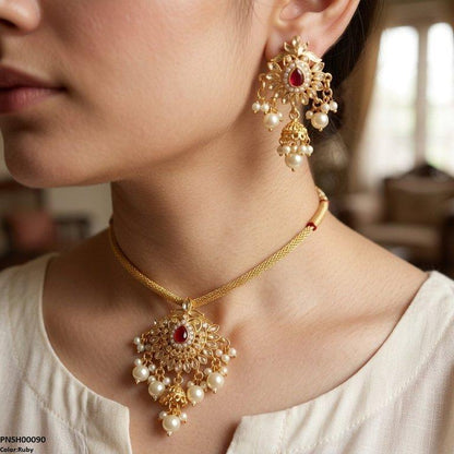 PNSH00090 SDQ Tear Pearl Bell Drop Necklace Set - PNSH