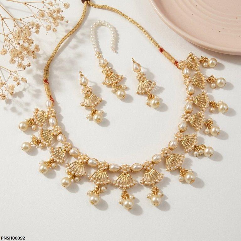 PNSH00092 SDQ Fan Filigree Pearl Drop Necklace Set - PNSH