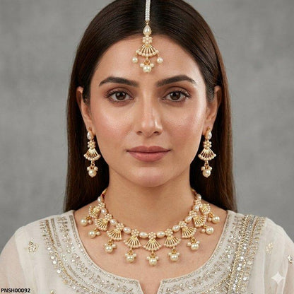 PNSH00092 SDQ Fan Filigree Pearl Drop Necklace Set - PNSH