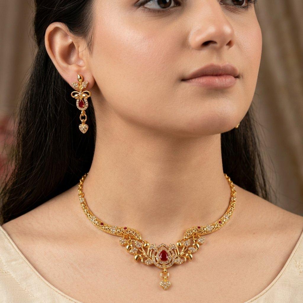 PNSH00094 SDQ Filligree Heart Drop Necklace Set - PNSH