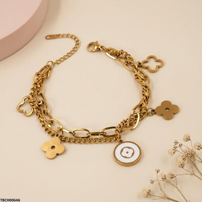 TBCH00646 BHS Clover Flower Double Link Chain Stainless Steel Bracelet - TBCH