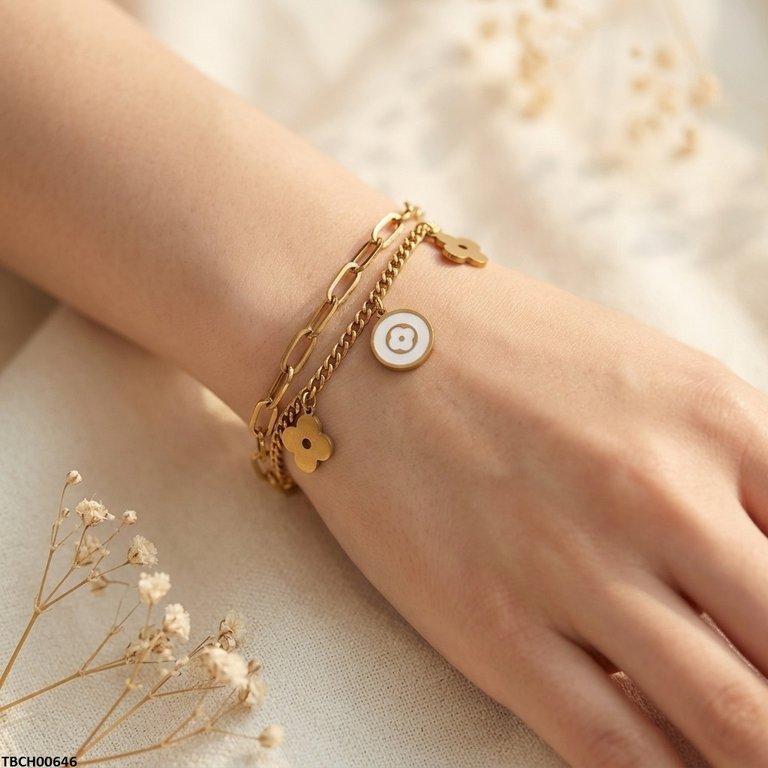 TBCH00646 BHS Clover Flower Double Link Chain Stainless Steel Bracelet - TBCH