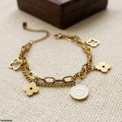 TBCH00646 BHS Clover Flower Double Link Chain Stainless Steel Bracelet - TBCH