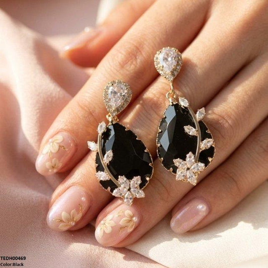 TEDH00469 QSJ Flower/Double Tear Drop Zircon Earrings - TEDH