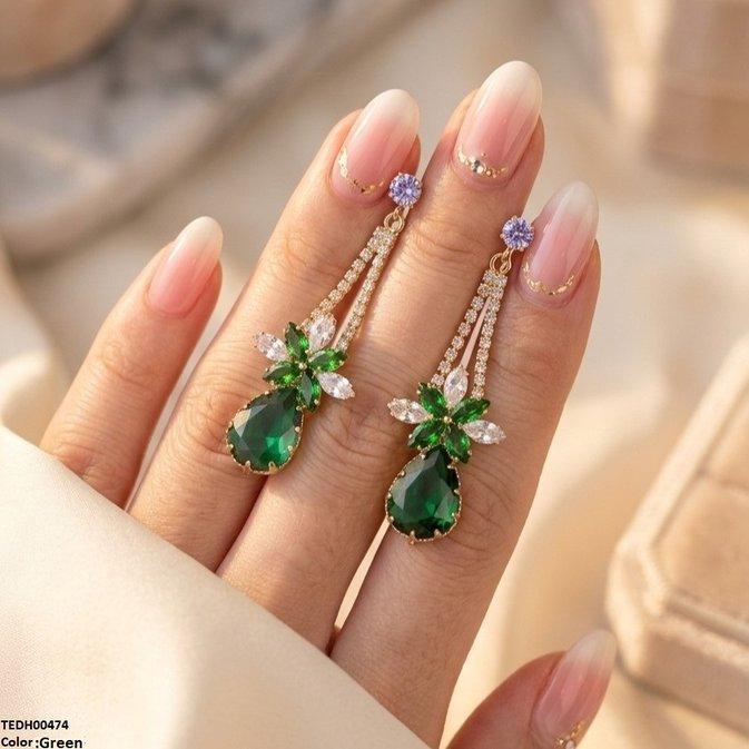 TEDH00474 QSJ Flower/Tear Drop Zircon Earrings - TEDH