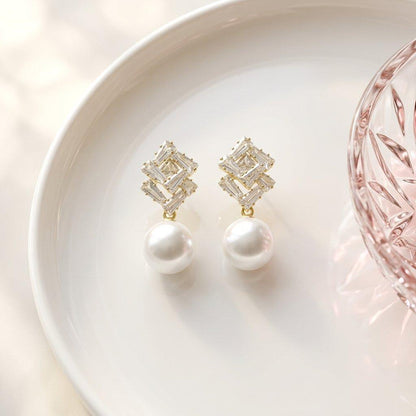 TEDH00482 DDJ Square Pearl Drop Zircon Earrings - TEDH