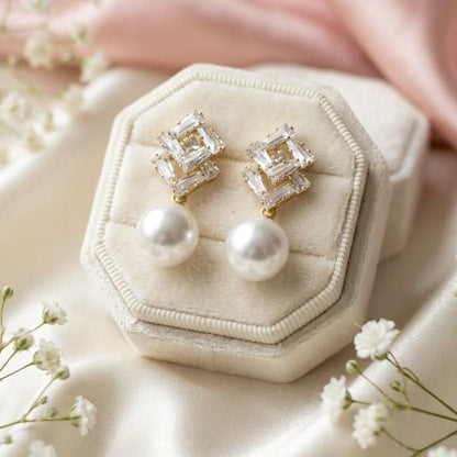 TEDH00482 DDJ Square Pearl Drop Zircon Earrings - TEDH