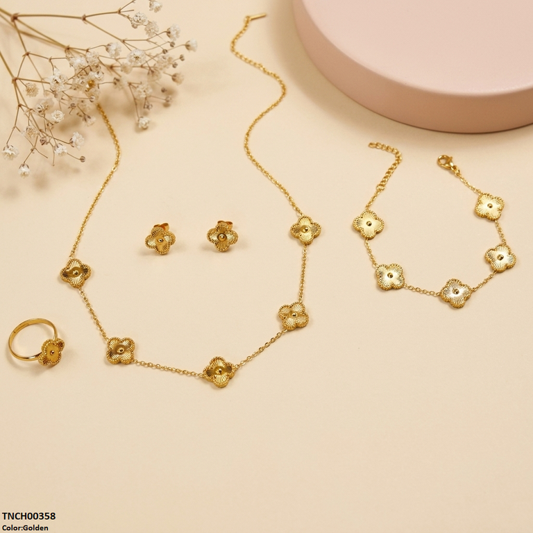 TNCH00358 MSJ  Stainless Steel Four-Leaf Flower Necklace Set - TNCH