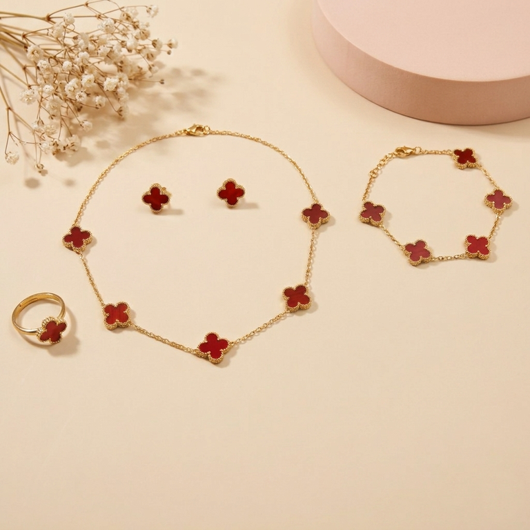 TNCH00358 MSJ  Stainless Steel Four-Leaf Flower Necklace Set - TNCH