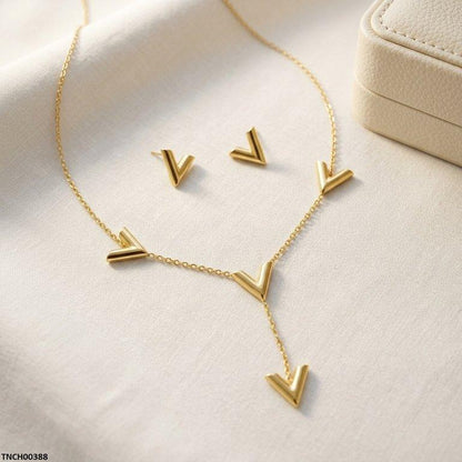 TNCH00388  BHS V-Shape Stainless Steel Necklace Set - TNCH