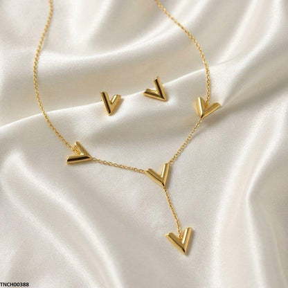 TNCH00388  BHS V-Shape Stainless Steel Necklace Set - TNCH
