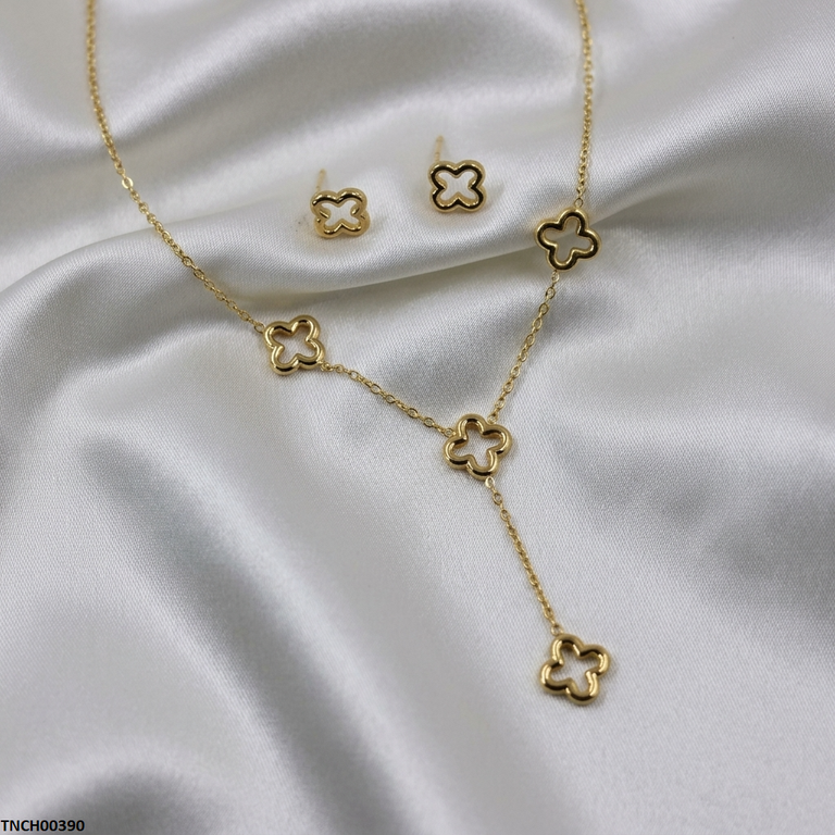 TNCH00390 BHS Four-Leaf Clover Stainless Steel Necklace Set - TNCH