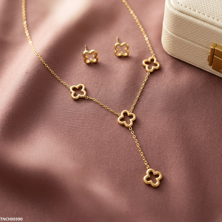 TNCH00390 BHS Four-Leaf Clover Stainless Steel Necklace Set - TNCH