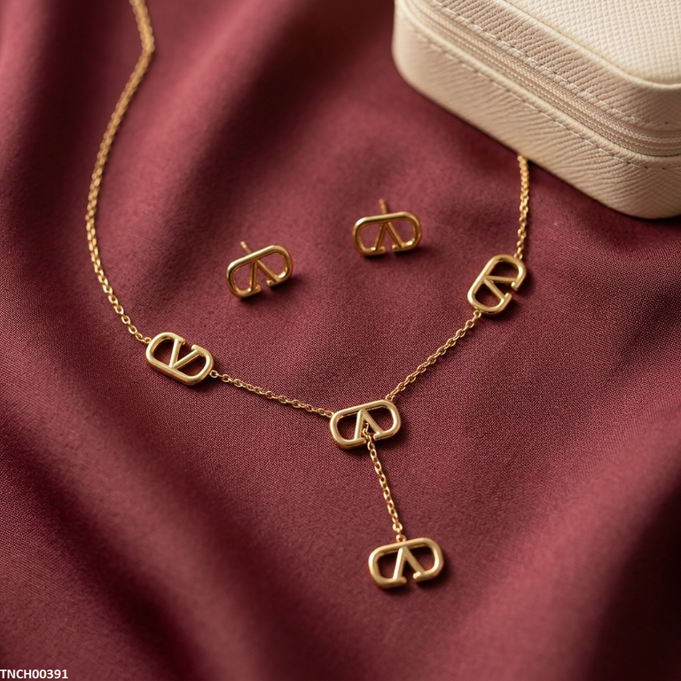 TNCH00391  BHS V Logo Design Stainless Steel Necklace Set - TNCH