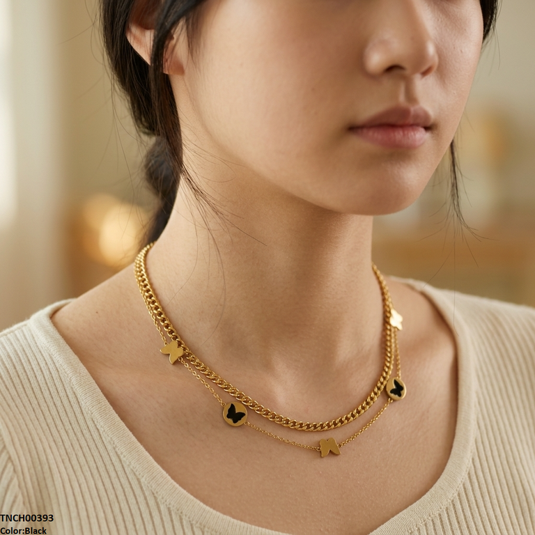 TNCH00393  BHS Butterfly Double Link Chain Stainless Steel Necklace - TNCH