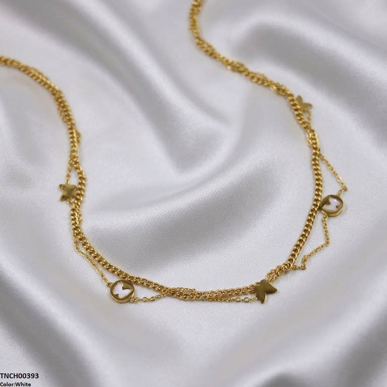 TNCH00393  BHS Butterfly Double Link Chain Stainless Steel Necklace - TNCH
