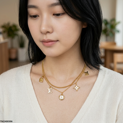 TNCH00396 BHS Flower Double Link Chain Stainless Steel Necklace - TNCH
