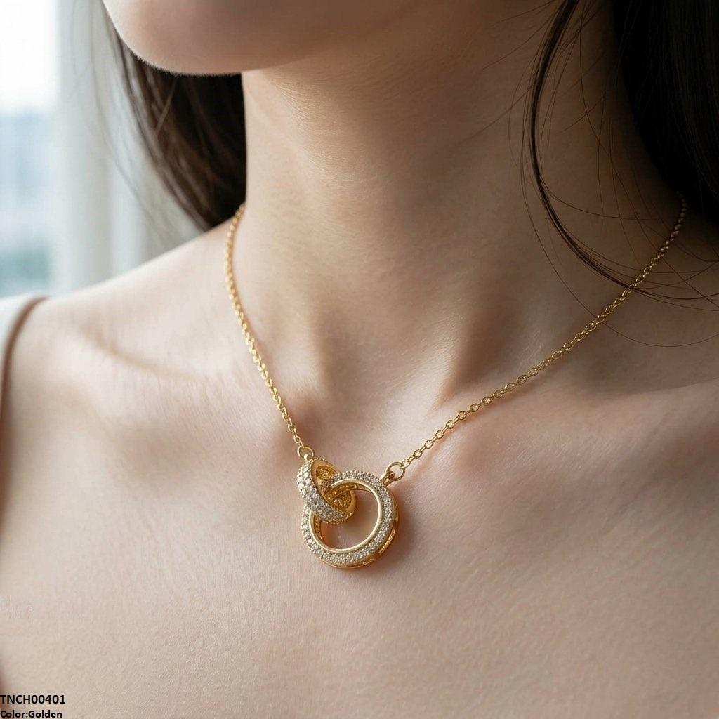 TNCH00401  TNR Stainless Steel Zircon Double Round Necklace  - TNCH