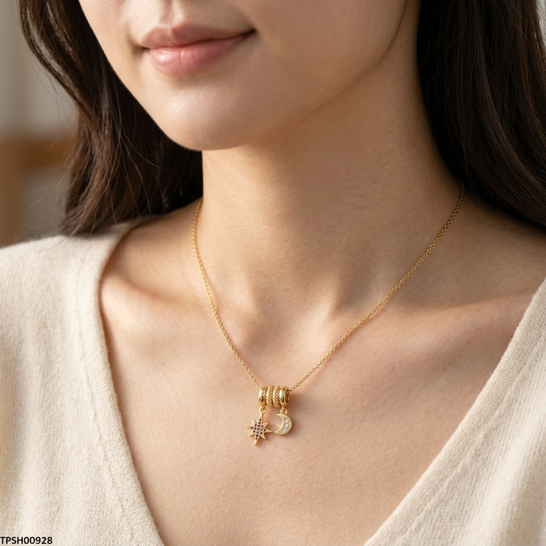 TPSH00928  BHS Moon Star Stainless Steel Zircon Stone Pendant - TPSH