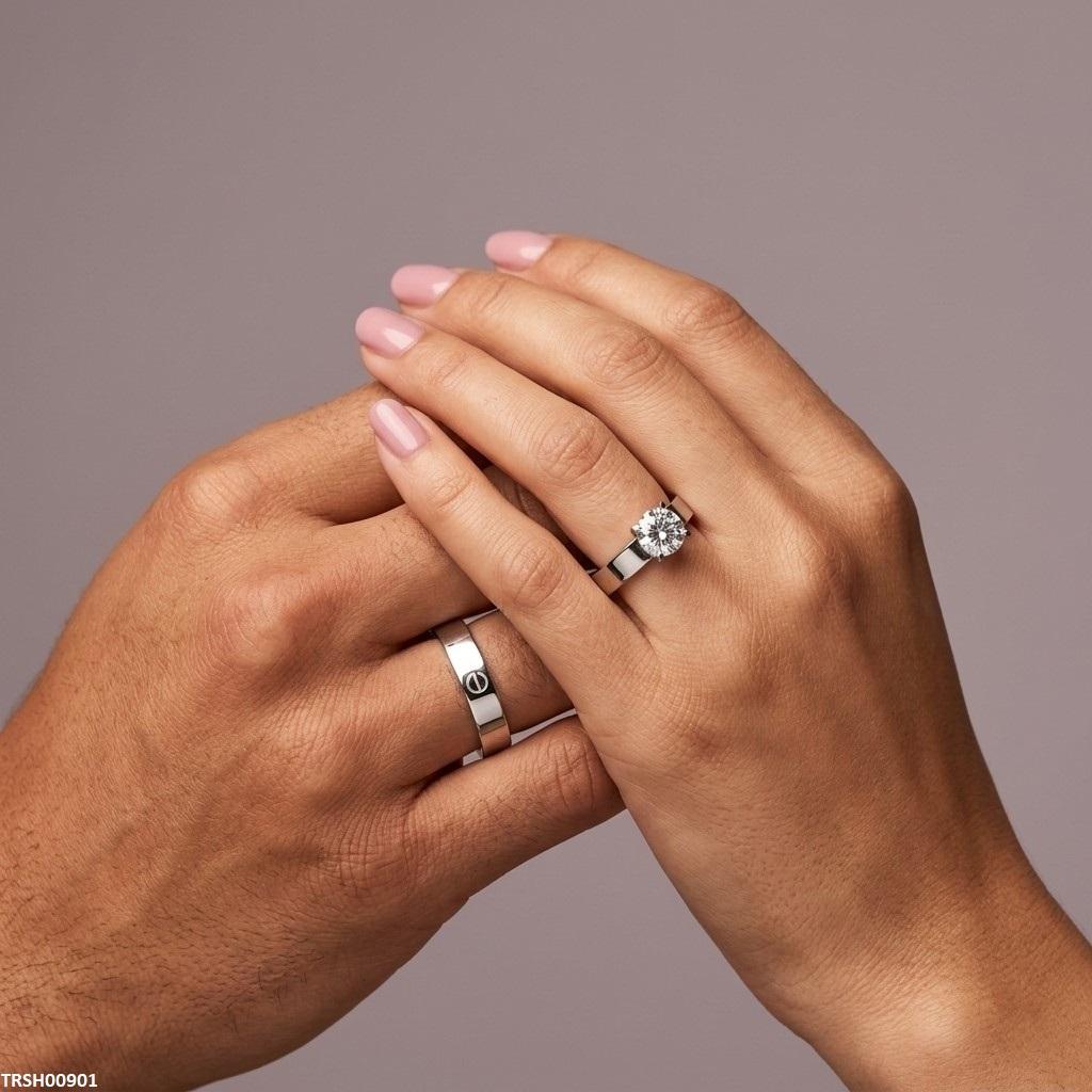 TRSH00901 MOX Stainless Steel Round Stone Couple Ring - TRSH