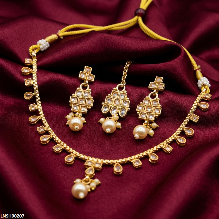 LNSH00207 ANI Square/Tear Pearl Drop Necklace Set - LNSH