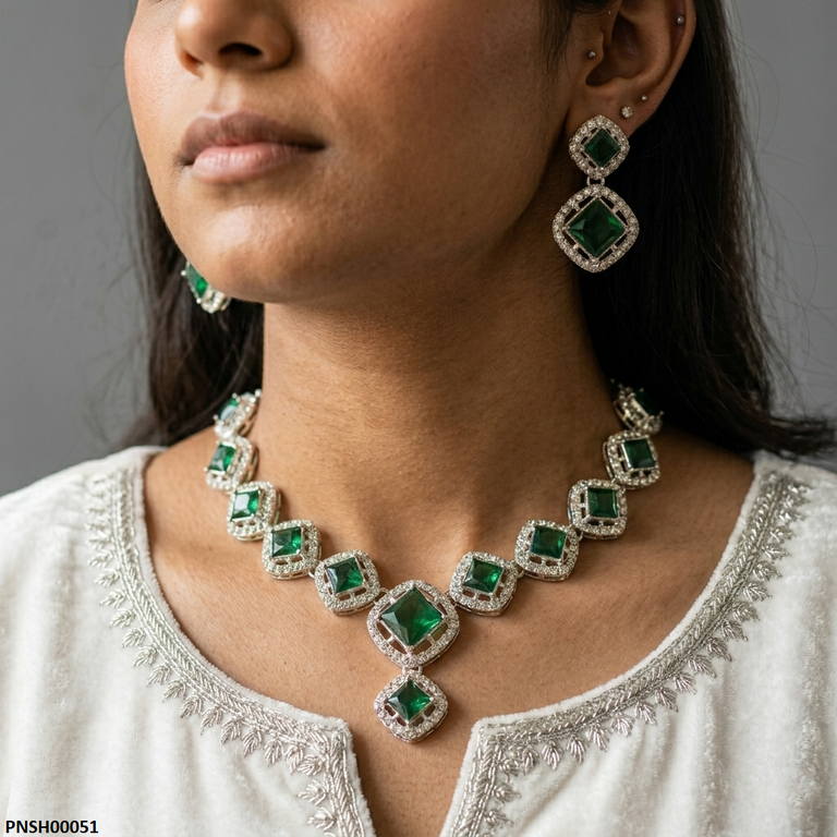 PNSH00051 ABD Square Stone Drop Necklace Set - PNSH