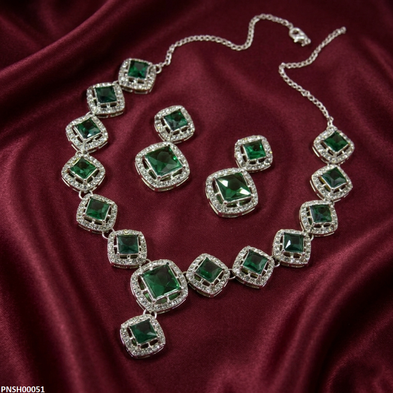 PNSH00051 ABD Square Stone Drop Necklace Set - PNSH