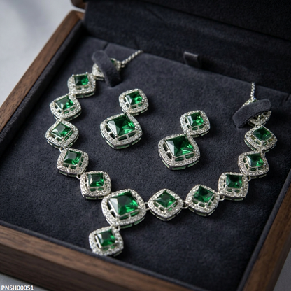 PNSH00051 ABD Square Stone Drop Necklace Set - PNSH