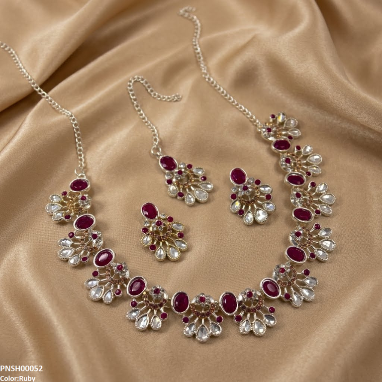 PNSH00052 ABD Oval Flower  Necklace Set - PNSH