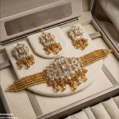 PCKH00280  SDQ Rectangle Flower Pearl Drop Choker Set  - PCKH