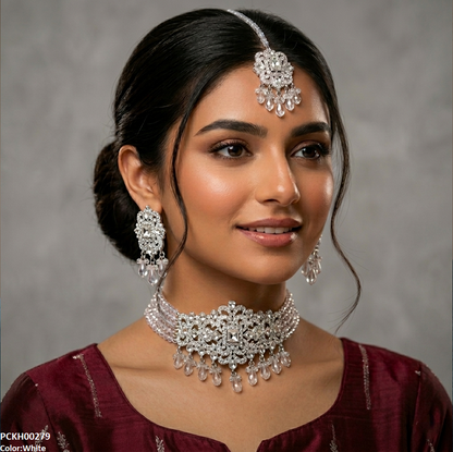 PCKH00279 SDQ Rectangle Flower Pearl Drop Choker Set  - PCKH