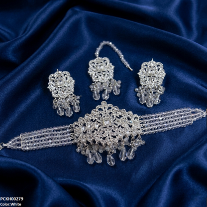 PCKH00279 SDQ Rectangle Flower Pearl Drop Choker Set  - PCKH