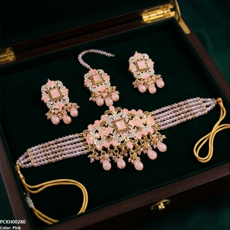 PCKH00280  SDQ Rectangle Flower Pearl Drop Choker Set  - PCKH