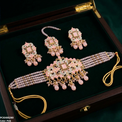 PCKH00280  SDQ Rectangle Flower Pearl Drop Choker Set  - PCKH
