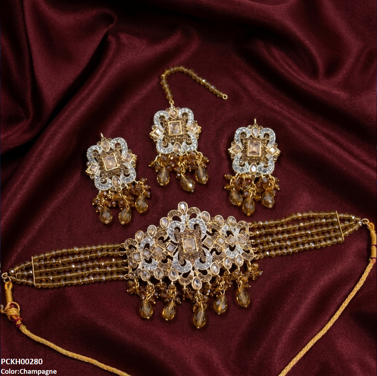 PCKH00280  SDQ Rectangle Flower Pearl Drop Choker Set  - PCKH