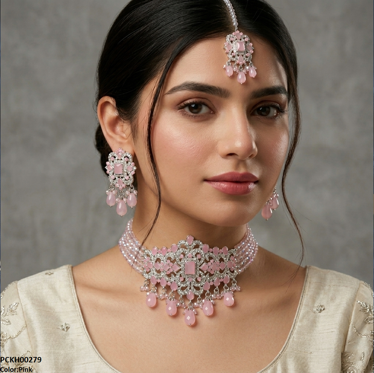 PCKH00279 SDQ Rectangle Flower Pearl Drop Choker Set  - PCKH