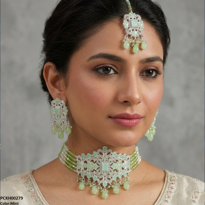 PCKH00279 SDQ Rectangle Flower Pearl Drop Choker Set  - PCKH
