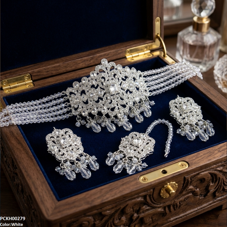 PCKH00279 SDQ Rectangle Flower Pearl Drop Choker Set  - PCKH