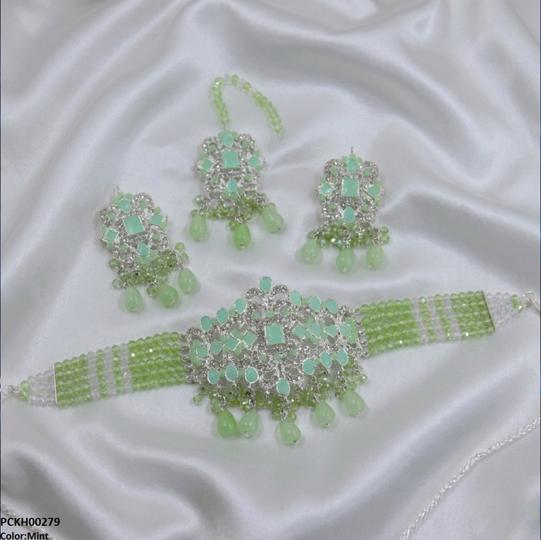 PCKH00279 SDQ Rectangle Flower Pearl Drop Choker Set  - PCKH