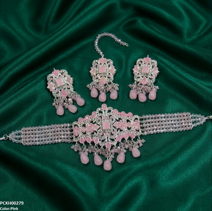 PCKH00279 SDQ Rectangle Flower Pearl Drop Choker Set  - PCKH