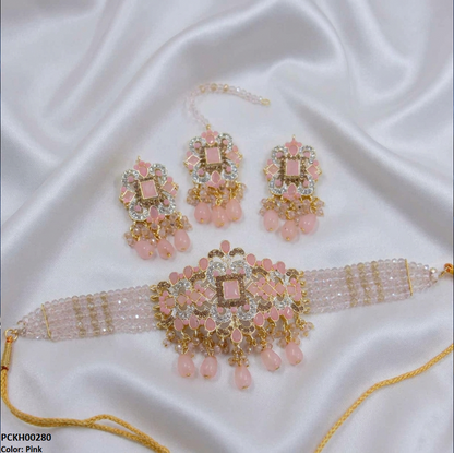 PCKH00280  SDQ Rectangle Flower Pearl Drop Choker Set  - PCKH