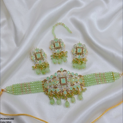 PCKH00280  SDQ Rectangle Flower Pearl Drop Choker Set  - PCKH