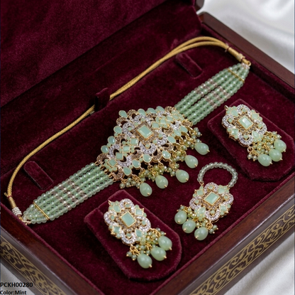 PCKH00280  SDQ Rectangle Flower Pearl Drop Choker Set  - PCKH
