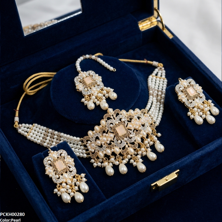 PCKH00280  SDQ Rectangle Flower Pearl Drop Choker Set  - PCKH