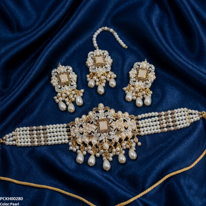 PCKH00280  SDQ Rectangle Flower Pearl Drop Choker Set  - PCKH