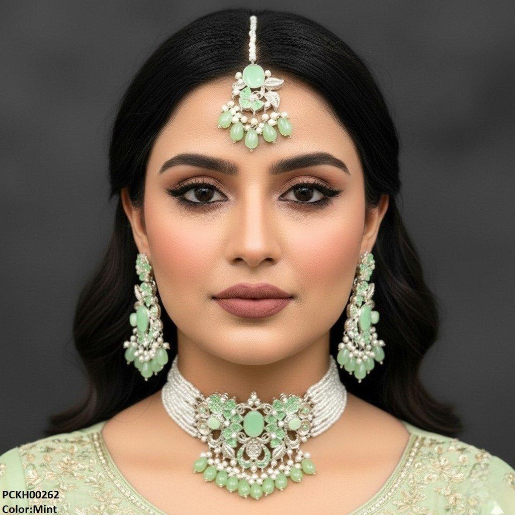 PCKH00262 SDQ Oval/Flower Pearl Drop Choker Set - PCKH