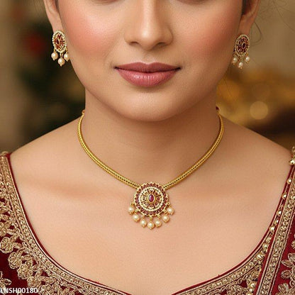 LNSH00180 ANI Oval Flower Pearl Drop Necklace Set - LNSH